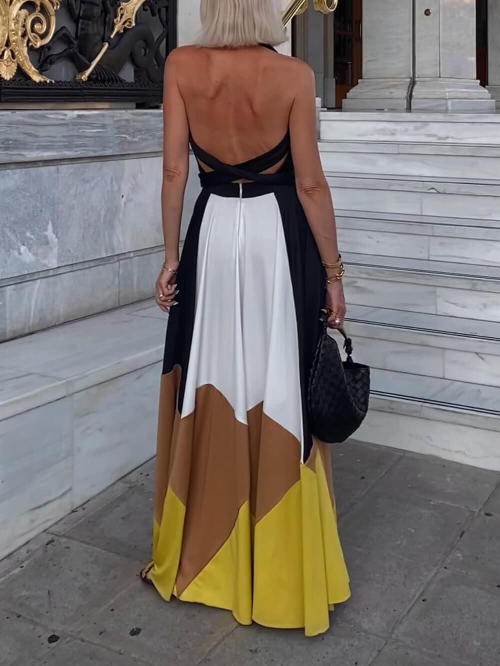 Aurohaya Elegant Geometric Patchwork Backless Tie-Back Maxi Dress