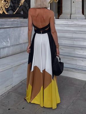 Aurohaya Elegant Geometric Patchwork Backless Tie-Back Maxi Dress
