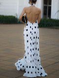 Elegant Polka Dot Backless Halter Evening Gown Maxi Dress