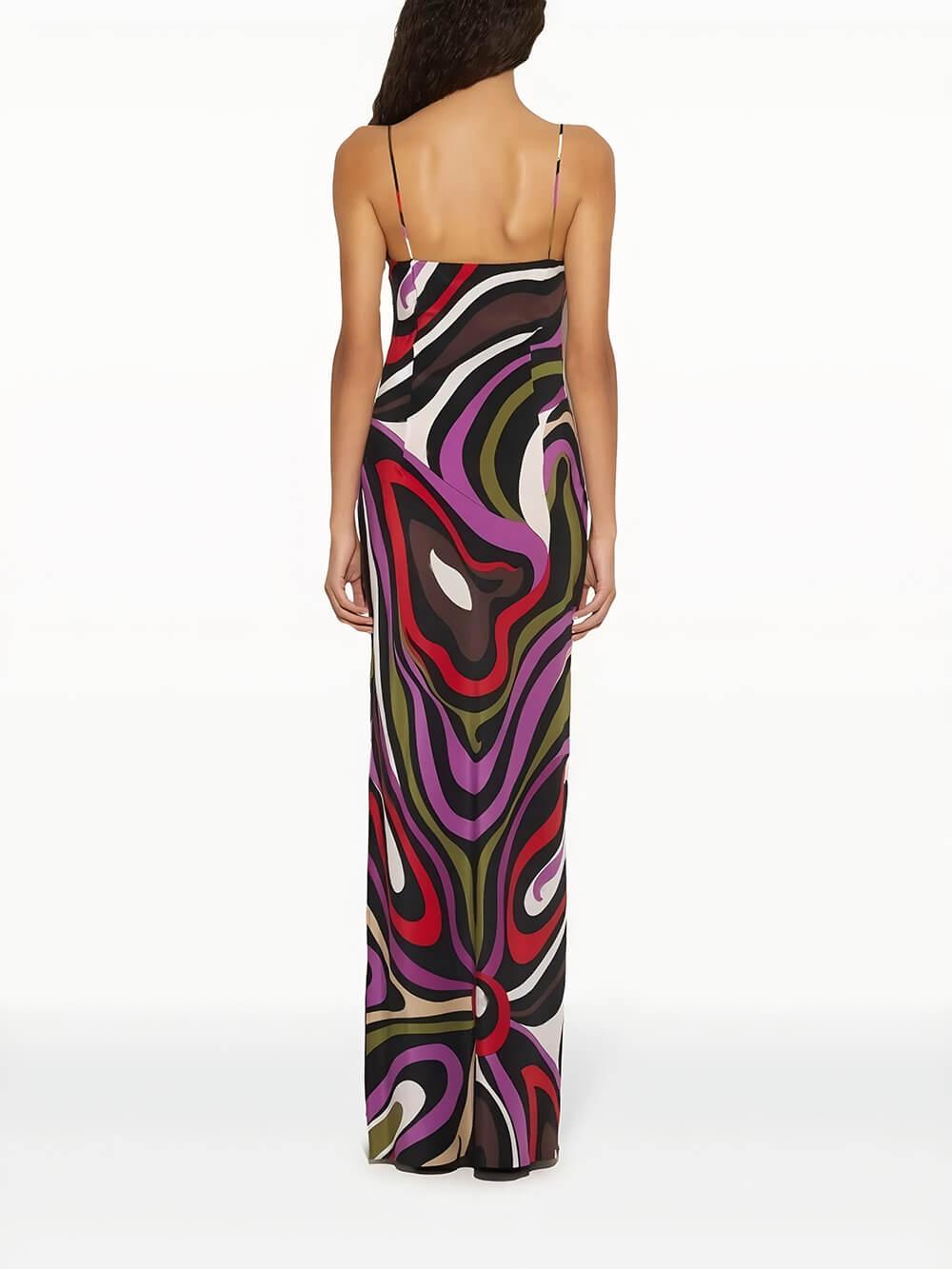 Aurohaya Retro Printed Satin Backless Maxi Dress