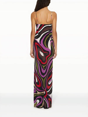 Aurohaya Retro Printed Satin Backless Maxi Dress