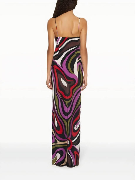 Aurohaya Retro Printed Satin Backless Maxi Dress