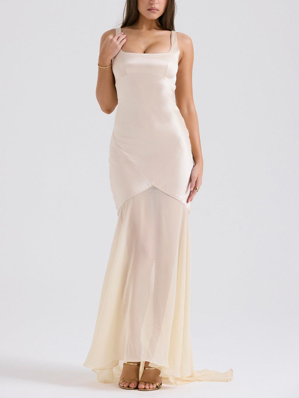 Aurohaya Elegant Square Neck Chiffon Floor-Length Maxi Dress