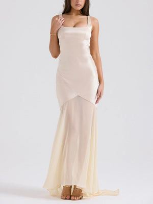 Aurohaya Elegant Square Neck Chiffon Floor-Length Maxi Dress