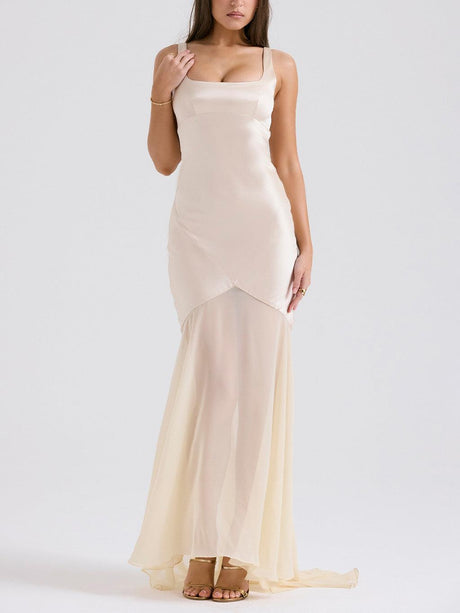 Aurohaya Elegant Square Neck Chiffon Floor-Length Maxi Dress