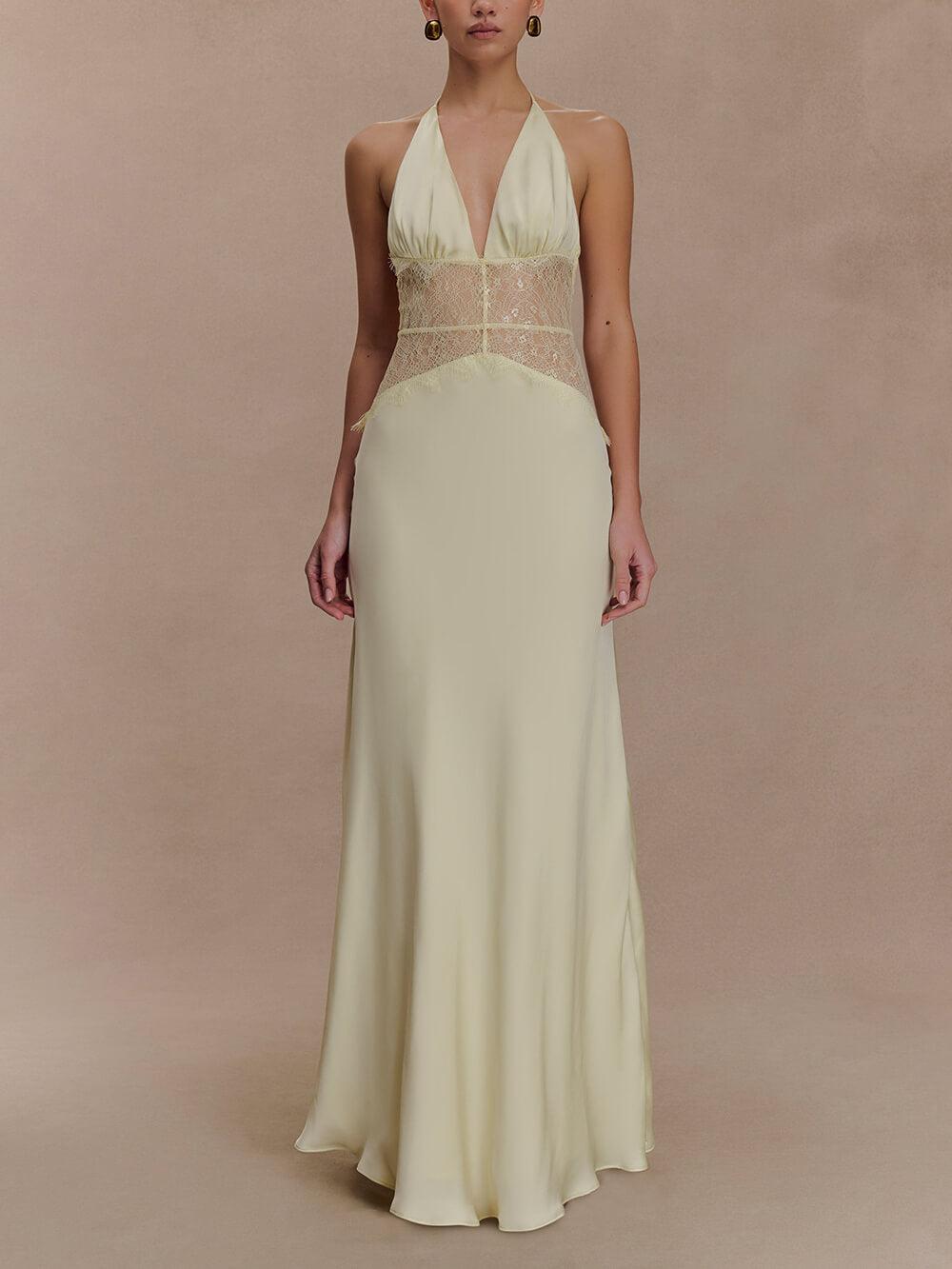 Aurohaya Elegant Lace-Panel V-Neck Lace-Up Satin Maxi Dress Yellow