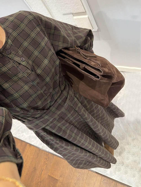 Aurohaya Retro Plaid Print Belted Midi Dress