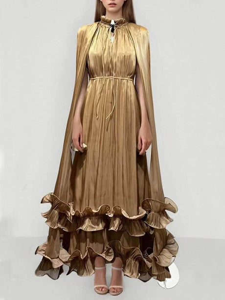 Aurohaya Exquisite Fashionable V-neck Lace-up Ruffled Double-layer Hem Maxi Dress Brown