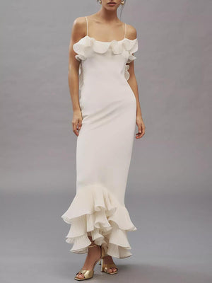 Aurohaya Elegant Pleated Chiffon Ruffle Trim Spaghetti Strap Maxi Dress