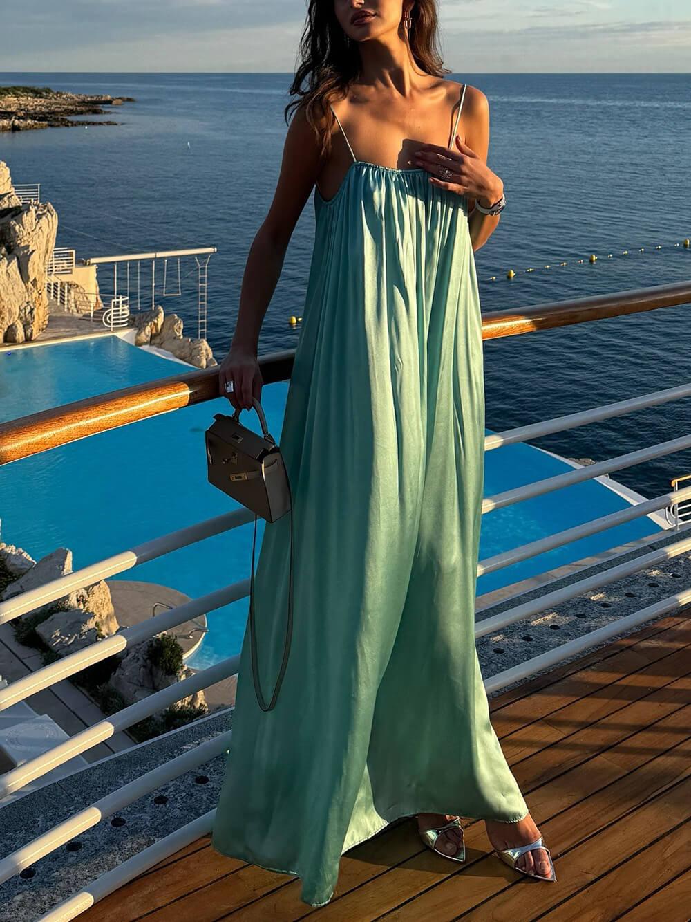 Aurohaya Elegant Satin Backless Slip Maxi Dress