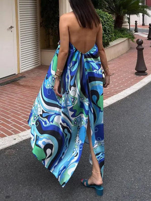 Aurohaya Elegant Halterneck Abstract Floral Print Midi Dress