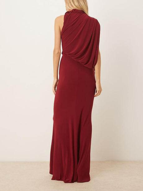 Aurohaya Exquisite One-Shoulder Draped Pleated Cape Maxi Dress