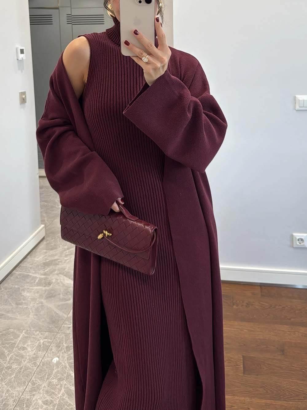 Aurohaya Elegant High-Neck Ribbed Knit Sleeveless Maxi Dress