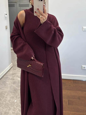 Aurohaya Elegant High-Neck Ribbed Knit Sleeveless Maxi Dress