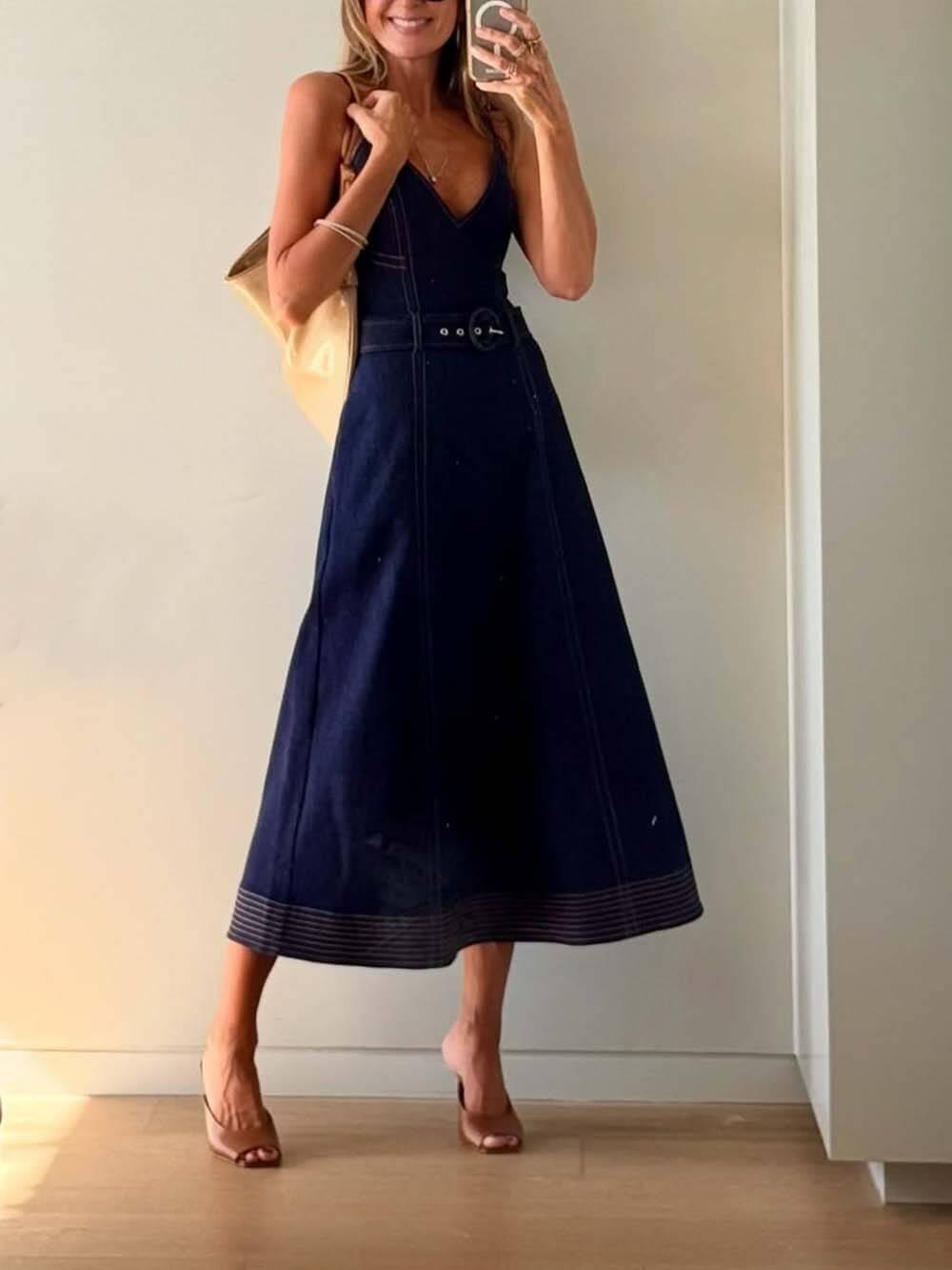 Aurohaya Casual V-Neck Flared Midi Dress Blue