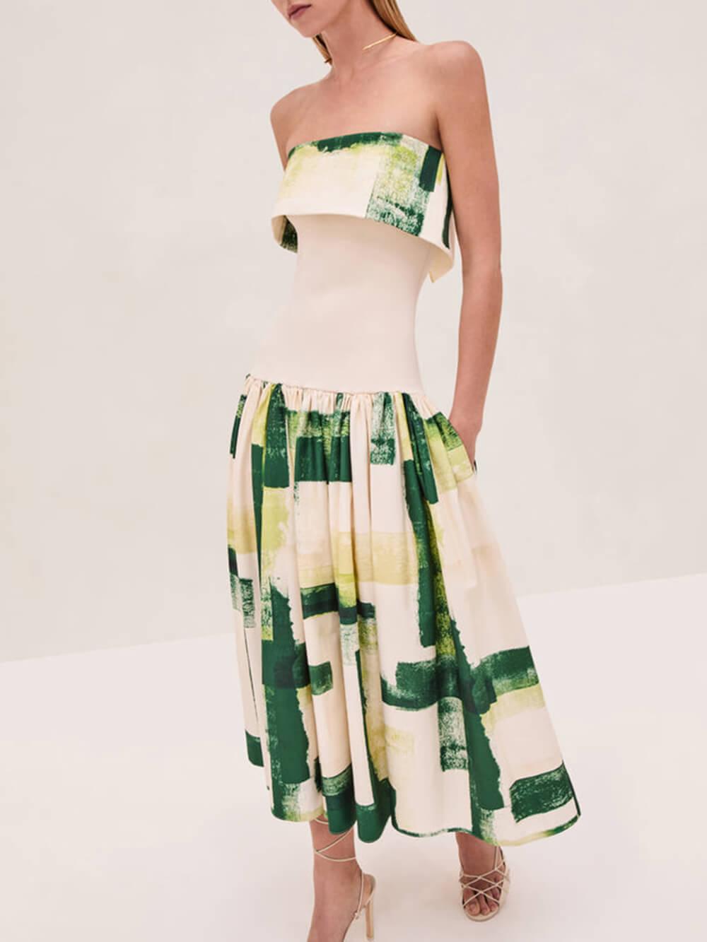 Aurohaya Elegant Printed Strapless Ribbed Bodycon Midi Dress