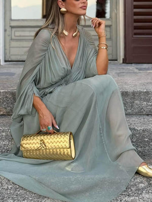 Aurohaya Beautifully Pleated Draped V-Neck Batwing Sleeve Maxi Dress