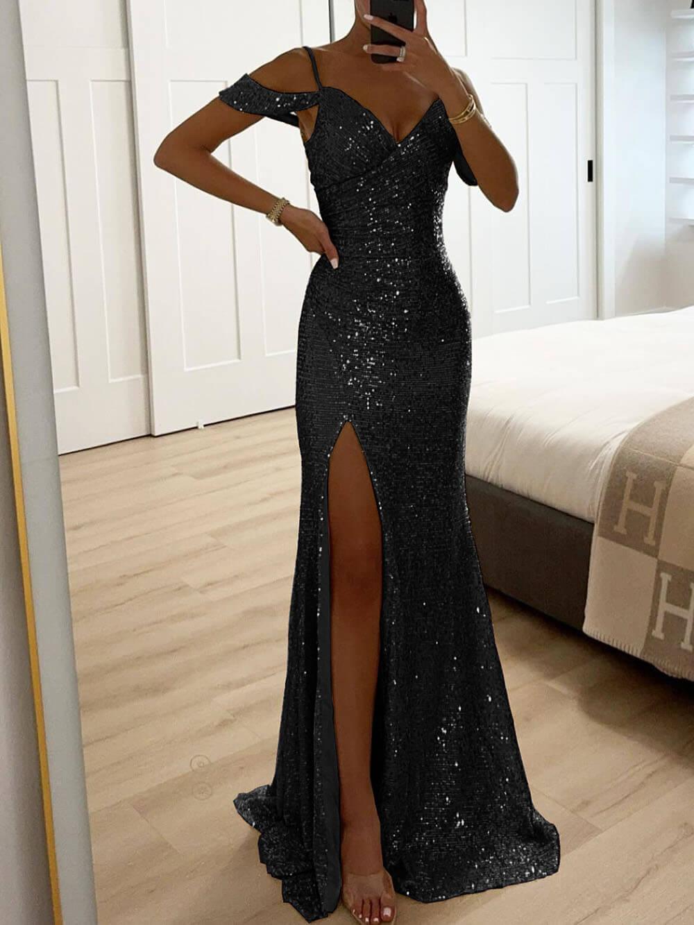 Aurohaya Elegant V-Neck Sequin Side-Slit Sleeveless Gown Maxi Dress Black