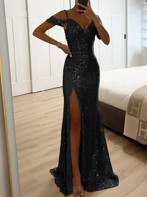 Aurohaya Elegant V-Neck Sequin Side-Slit Sleeveless Gown Maxi Dress Black