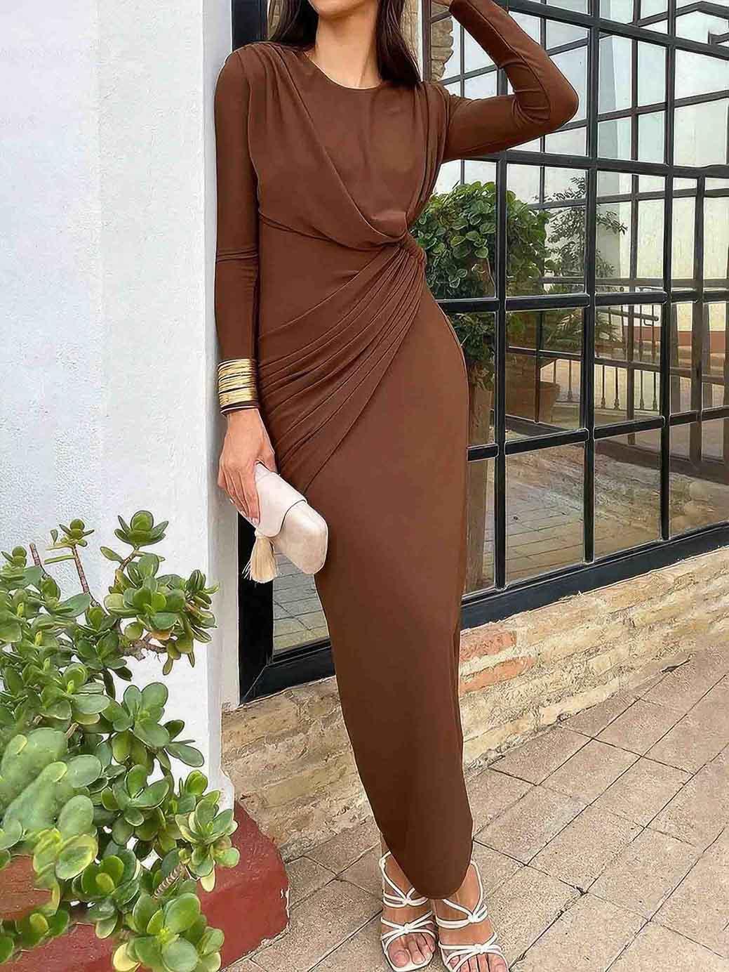Aurohaya Elegant Crew Neck Pleated Wrap Hem Maxi Dress Brown