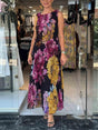 Aurohaya Elegant Double-layered Pleated Chiffon Printed Maxi Dress Black