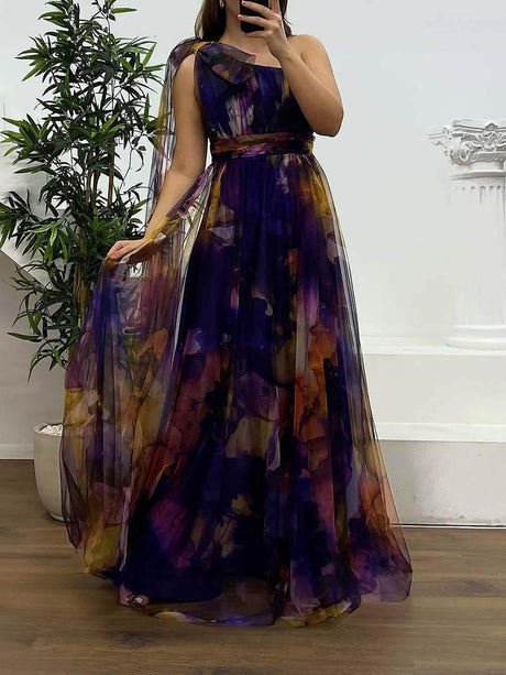 Aurohaya Elegant Printed One-Shoulder Chiffon Plus Size Tulle Evening Dress