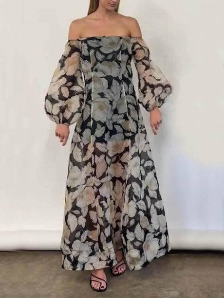 Aurohaya Elegant Off-Shoulder Printed Puff Sleeve Maxi Dress
