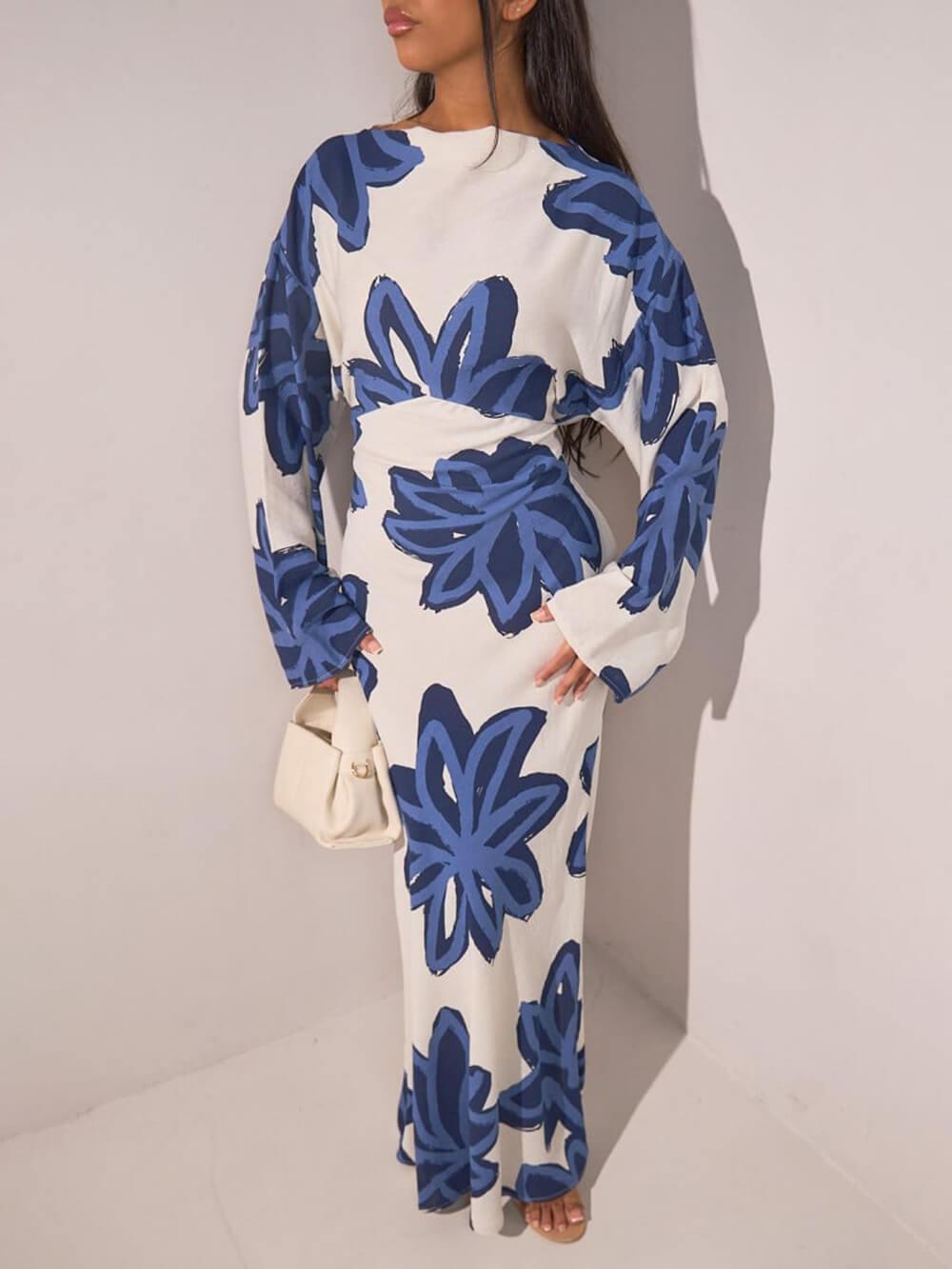 Aurohaya Elegant Floral Print Waist-Defined Maxi Dress