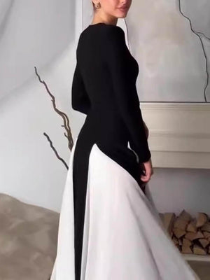 Aurohaya Glam Elegant Panelled Tulle Long Sleeve A-line Maxi Dress