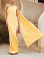 Aurohaya Elegant One-Shoulder Draped Cape Maxi Dress Yellow