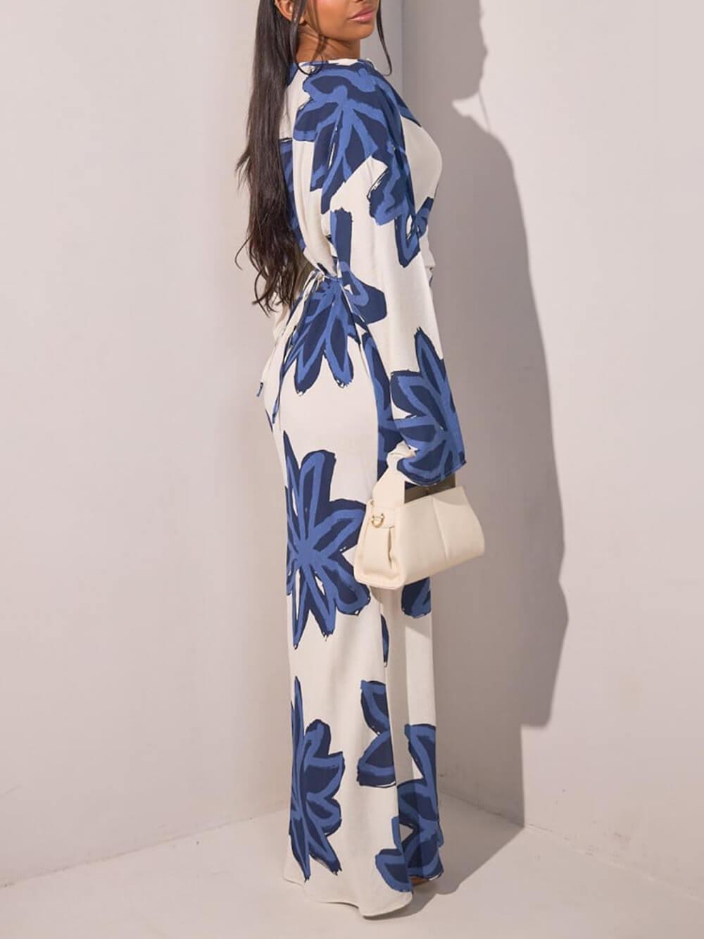 Aurohaya Elegant Floral Print Waist-Defined Maxi Dress