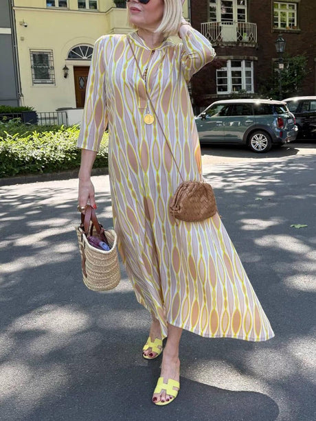 Aurohaya Casual Effortless V-Neck Printed Vacation Maxi Dress