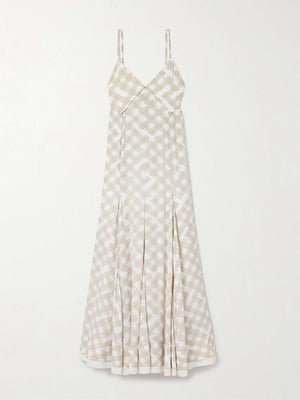 Aurohaya Elegant Plaid Print Pleated Crepe Maxi Dress