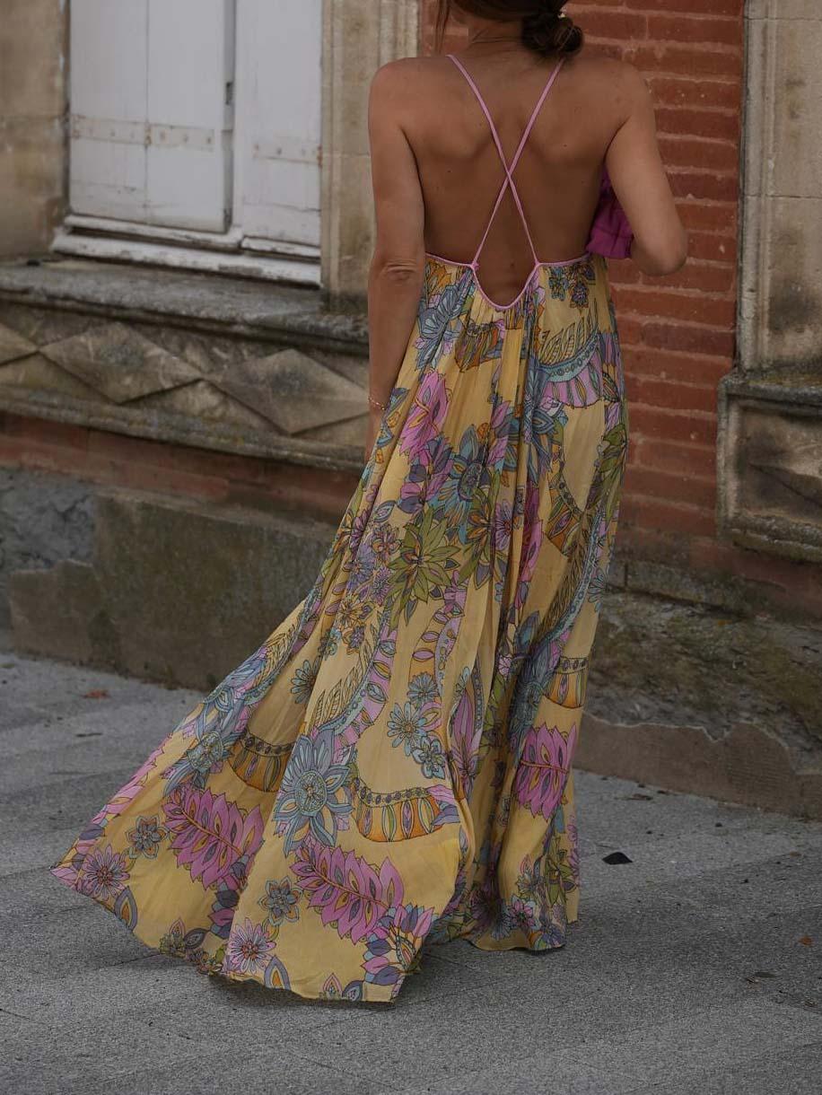 Aurohaya Exquisite Bohemian Print Chiffon Flowy Maxi Dress