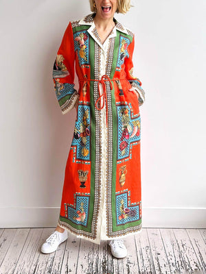 Aurohaya Classic Modern Unique Print Patchwork Loose Belted Shirt Silhouette Maxi Dress Orange