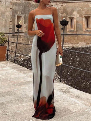 Aurohaya Vacation Abstract Tulip Print Slip H-Line Maxi Dress Light Blue