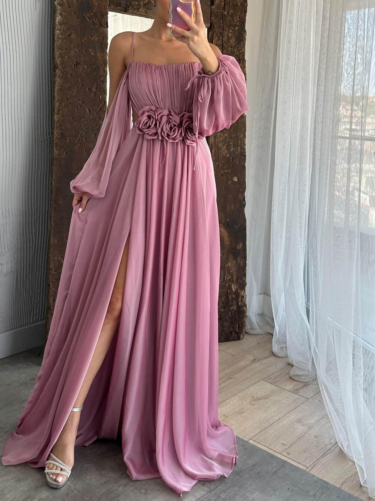 Aurohaya Drawstring Puff Sleeve Dress With Floral Detailing
