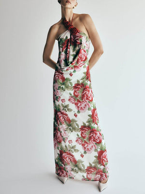 Aurohaya Romance Elegance Rose Printed Applique Cowl Neck Maxi Dress