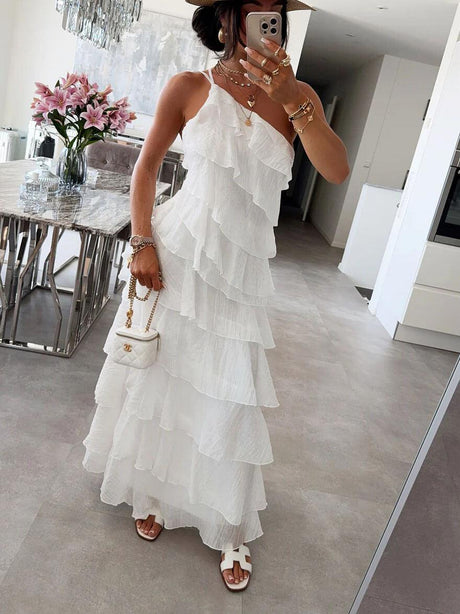 Aurohaya One-Shoulder Flowing Ruffle Dress White