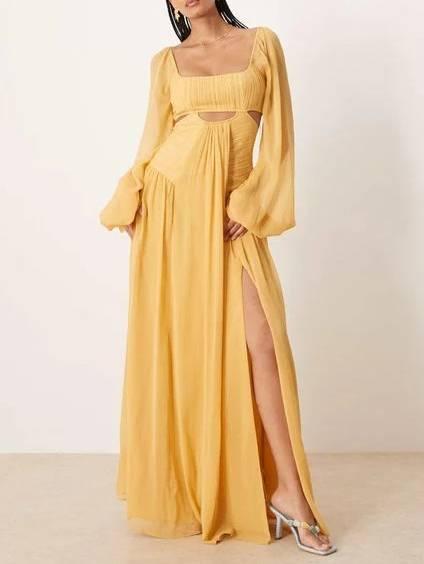 Aurohaya Vintage Square Collar Hollow Design Long Sleeve Maxi Dress Yellow