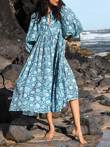 Aurohaya Floral Balloon Sleeve Midi Dress Blue