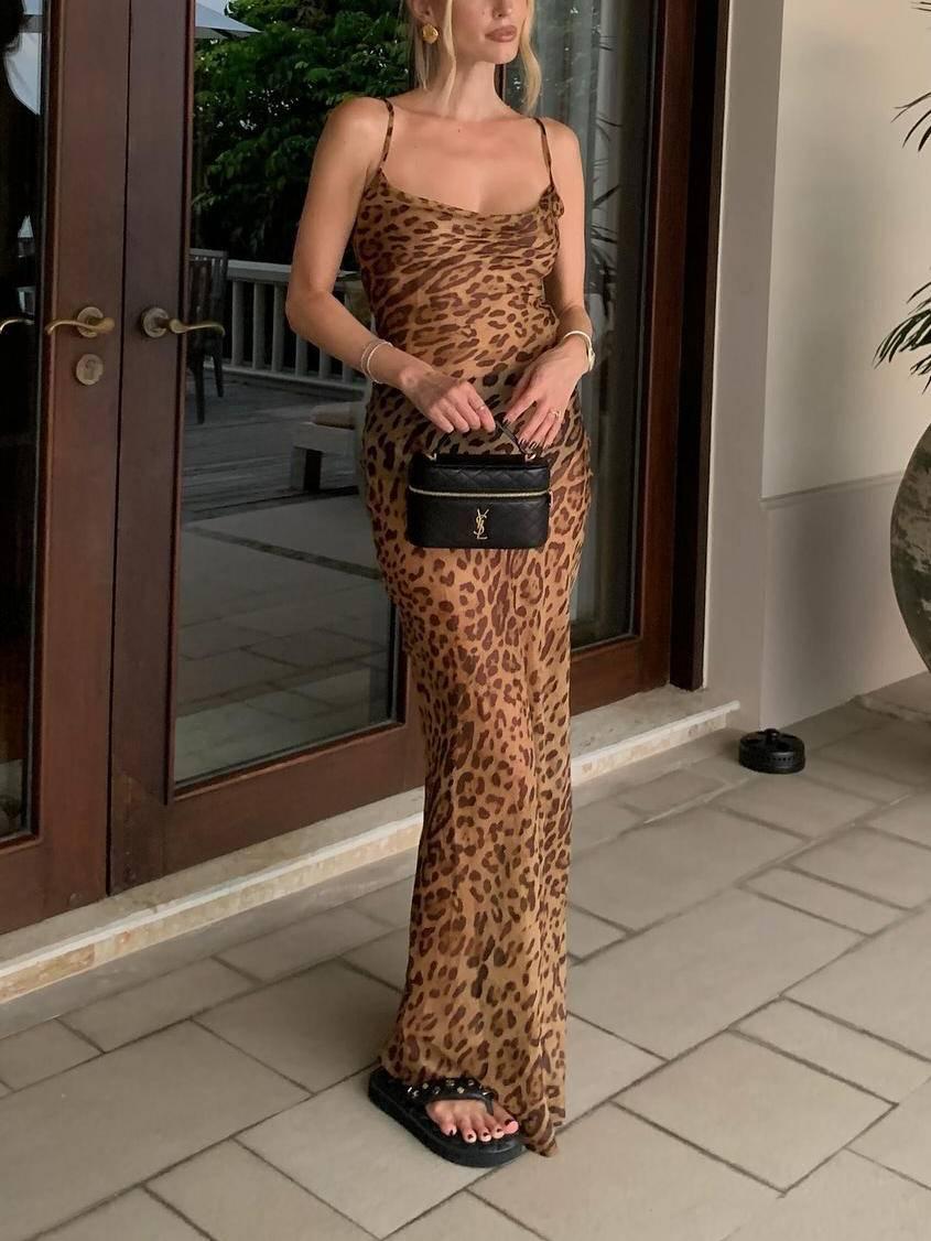 Aurohaya Suspender Backless Leopard Print Dress Leopard Print