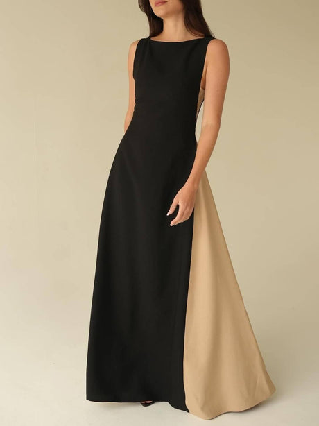 Aurohaya Elegant Off-shoulder Color Contrast Maxi Dress Black