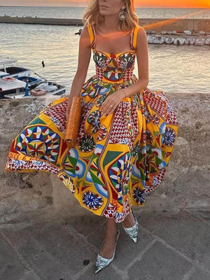 Aurohaya Unique Sunset Walk Ethnic Pattern Print Backless Midi Dress