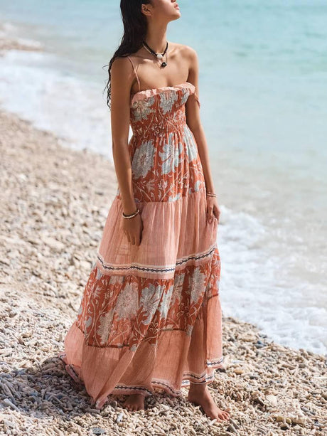 Aurohaya Vacation Style Floral-Print Suspender Dress Printed