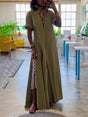 Aurohaya Casual V-Neck Buttoned Slit Loose Maxi Cardigan Dress Green