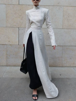 Aurohaya Long Sleeve Slit Shirt Dress And Wide Leg Pants Suit-Shirt Dress Off white