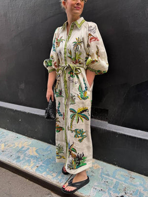 Aurohaya Unique Coconut Tree Print Day Dream Linen Shirtdress