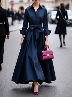 Aurohaya Minimalist Lace-up Design Long Sleeve Maxi Dress Navy Blue