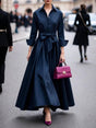 Aurohaya Minimalist Lace-up Design Long Sleeve Maxi Dress Navy Blue